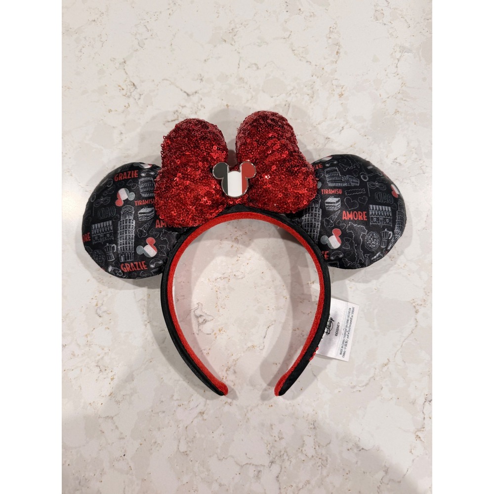 Disney Parks Minnie Mouse Ears Epcot Italy Pavilion Red Sequin Bow Headband